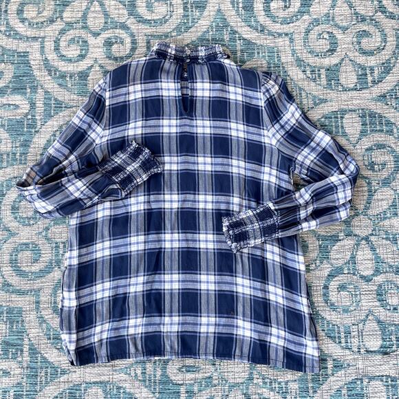 LOFT Blue Plaid Ruffle Mock Neck Blouse Long Sleeve Top - Size M - Picture 3 of 6